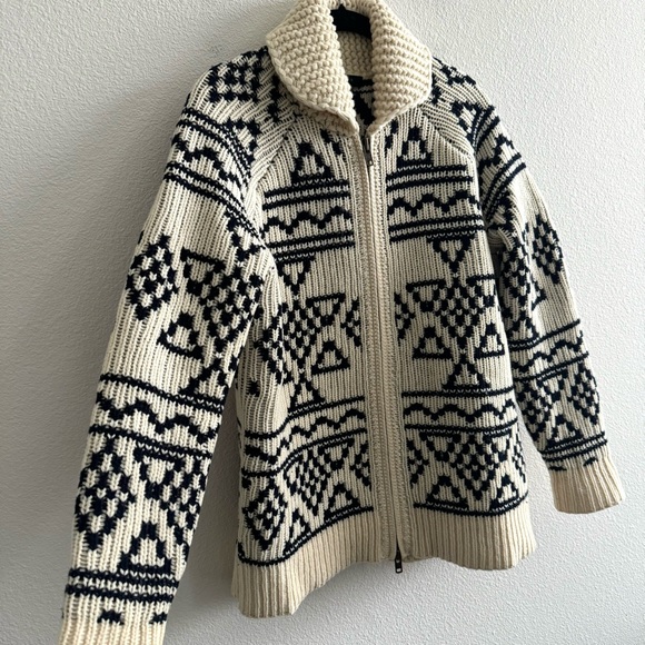 J. Crew Fair Isle Full Zip Thick Knit Lambswool Cardigan Sweater Cream Blue Boho - Picture 4 of 11